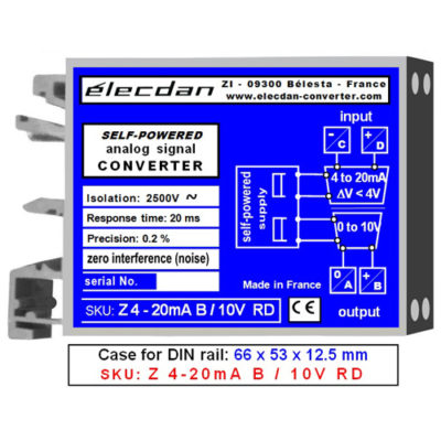 Mounting on DIN rail - self-powered converter - 4 to 20mA into 0 to 10V