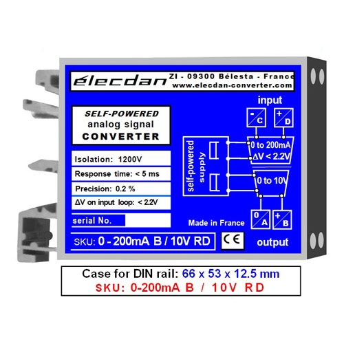 Mounting on DIN rail - self-powered isolated converter - 0 to 200mA into 0 to 10V